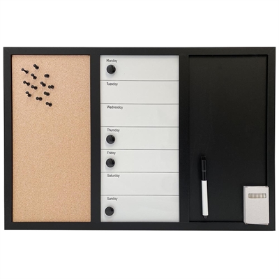 Whiteboard med veckoplan ENGELSKA, kork- och kritavla 60 x 40 cm, inkl. svart magnetisk tuschpenna, 4 x svarta 20 mm magneter, 12 svarta nålar och 1 paket krita (5 st.)